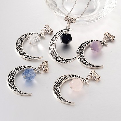 Antique Silver Plated Moon Alloy Big Pendants, with Gemstone Beads, 50.5x36x12mm, Hole: 3mm