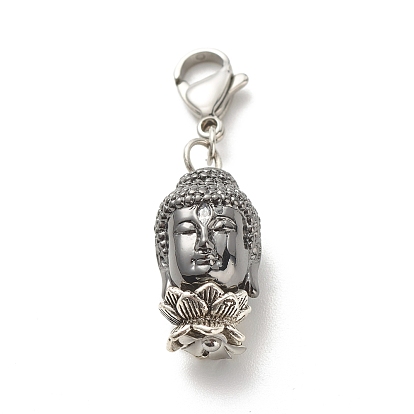 Brass Buddha Head Pendants, with Alloy Lotus Double Sided Bead Caps and 304 Stainless Steel Lobster Claw Clasps