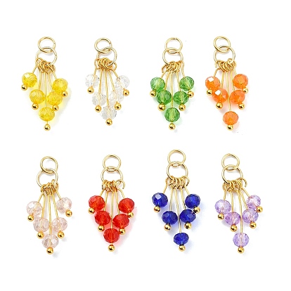8 шт 8 цвета стеклянные подвески, подвеска с кисточками, с латунью и 304 нержавеющей сталью, граненые, золотые