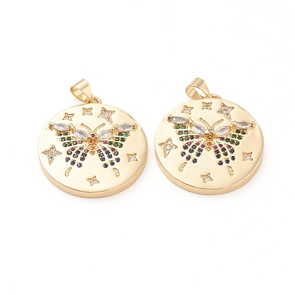 Brass Micro Pave Cubic Zirconia Pendants, Long-Lasting Plated, Flat Round with Butterfly