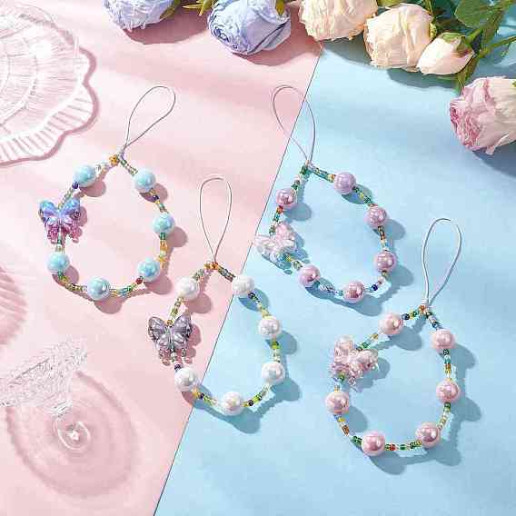 4Pcs Acrylic Mobile Strips, with Glass Imitation Pearl Beads, Butterfly