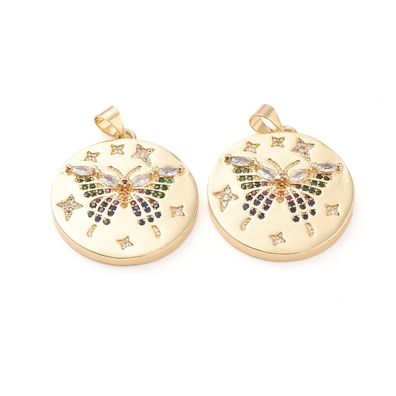Brass Micro Pave Cubic Zirconia Pendants, Long-Lasting Plated, Flat Round with Butterfly