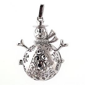 Rack Plating Brass Cage Pendants, For Chime Ball Pendant Necklaces Making, Hollow Christmas Snowman