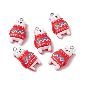 Christmas Theme Opaque Resin Pendants, with Platinum Tone Iron Findings, Bear with Sweater