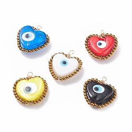 Handmade Evil Eye Lampwork Pendants, with Electroplate Glass Beads, Light Gold, Heart