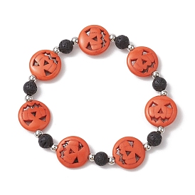 Halloween Pumpkin Synthetic Turquoise & Natural Lava Rock Beaded Stretch Bracelets