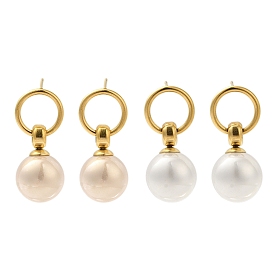 304 Stainless Steel Shell Pearl Round Stud Earrings for Women, Golden