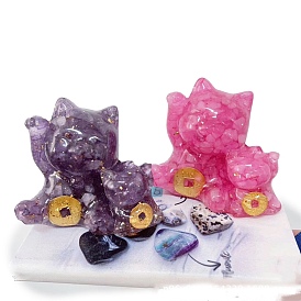 Gold Foil Resin Fortune Cat Display Decoration, with Natural Gemstone Chips inside Statues for Home Office Decorations