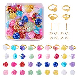 DIY Rose Flower Earring & Finger Ring Making Kit, Including Acrylic Cabochons, 304 Stainless Stud Earring Finding, Brass Pad Rings Bases