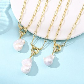 Natural Baroque Pearl Keshi Pearl Nuggets Pendant Brass Paperclip Chain Necklaces for Women, White