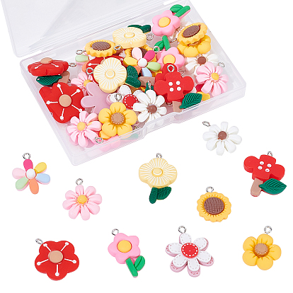 40Pcs 10 Style Resin Pendants, with Platinum Tone Iron Loop, Flower