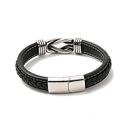 304 Stainless Steel Knot Link Bracelet with Magnetic Clasp, Gothic Bracelet with Microfiber Leather Cord for Men Women