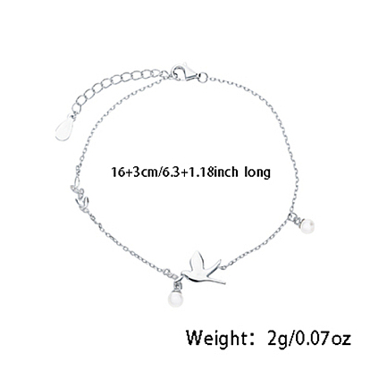 Rhodium Plated 925 Sterling Silver Bird Link Bracelets, Shell Pearl Charm Cable Chains Bracelets for Women