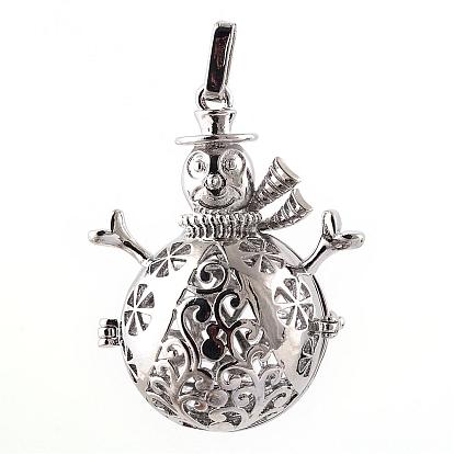 Rack Plating Brass Cage Pendants, For Chime Ball Pendant Necklaces Making, Hollow Christmas Snowman