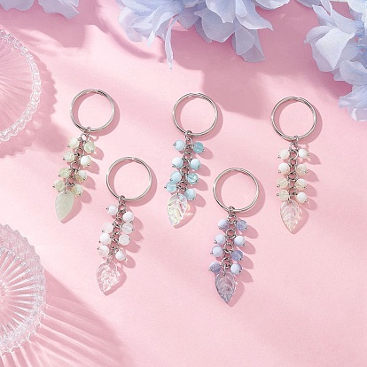 5шт. стеклянные брелоки ручной работы с эффектом кракле и ламповой отделкой, с железными разрезными брелоками, лист, платина