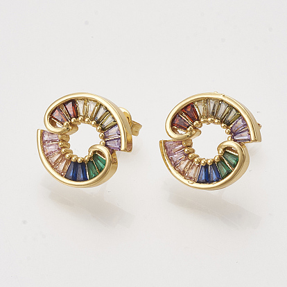 Brass Cubic Zirconia Stud Earrings, with Ear Nuts, Colorful