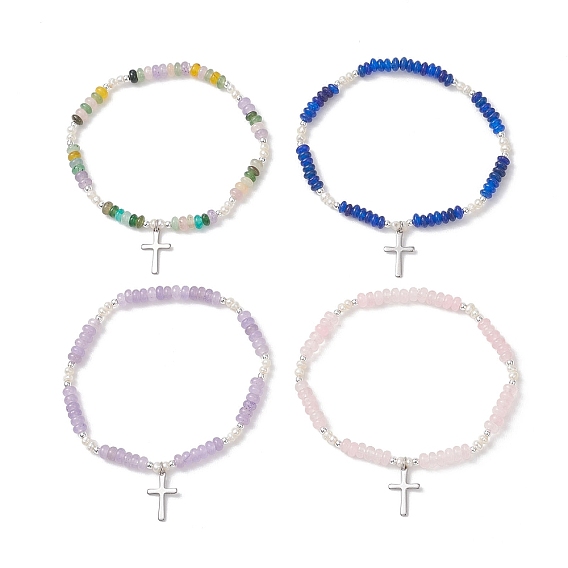 Пересечь 304 браслеты из нержавеющей стали очарование, Браслеты-рондели из натурального окрашенного белого нефрита и жемчуга для женщин