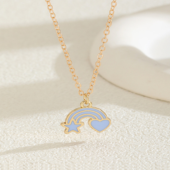 Alloy Enamel Star Heart Rainbow Pendant Cable Chain Necklaces for Women, Golden