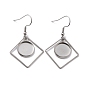 201 Stainless Steel Earring Hooks, with Rhombus Blank Pendant Trays, Flat Round Setting for Cabochon