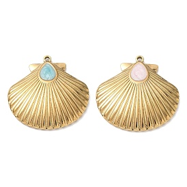 304 Stainless Steel with Enamel Pendants, Shell Shape Charms, Ion Plating(IP), Real 18K Gold Plated