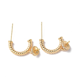 Brass Clear Cubic Zirconia Stud Earring Findings, with Cup Peg Bails and 925 Sterling Silver Pins, Half Twisted Ring Shape