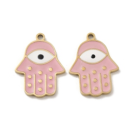 Ion Plating(IP) 316L Surgical Stainless Steel Pendants, with Enamel, Real 18K Gold Plated, Hamsa Hand with Eye Charm