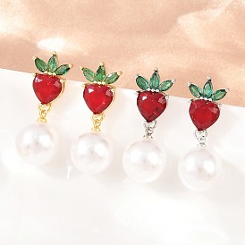 Серьги-гвоздики из клубничной латуни с микропаве из кубического циркония, с абс пластмассовой имитационной жемчужиной, без кадмия и без свинца, долговечный, стойки покрытие