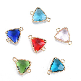 K9 Glass Connector Charms, with Light Gold Plated Brass Findings, Cadmium Free & Lead Free, Faceted, Triangle