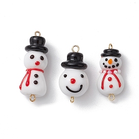 3Pcs 3 Styles Handmade Lampwork Connector Charms, Christmas Snowman with Hat Links, Golden