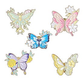 5Pcs 5 Style Butterfly with Flower Enamel Pins, Light Gold Alloy Brooches for Backpacks Clothes Hats