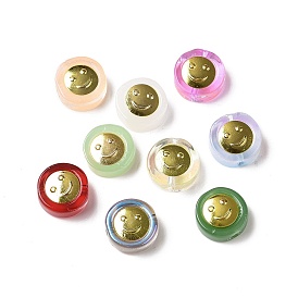 Perles de verre peintes par pulvérisation transparent, avec les accessoires en laiton dorés, plat rond avec le sourire