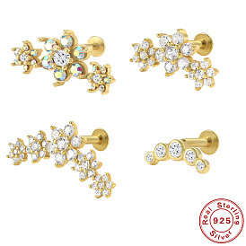 925 Sterling Silver 5-Petal Flower Cartilage Stud Earrings with AB Rhinestone Decoration