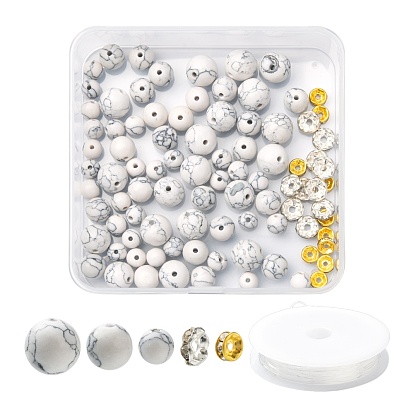 96 kit de perles rondes en howlite synthétique pour la fabrication de bijoux à bricoler soi-même, avec perles d'espacement en fer strass et fil élastique