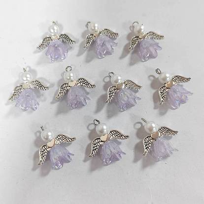 10 Pendentifs anges en forme de fleur en acrylique et en imitation de perles, avec des ailes en alliage et des accessoires en laiton, argent antique et platine