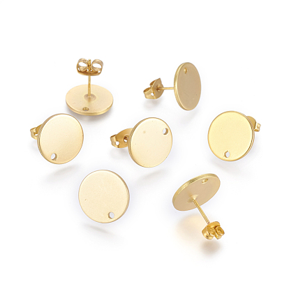 Brass Stud Earring Findings, with Flat Plate, with Ear Nuts/Earring Backs, Long-Lasting Plated, Flat Round