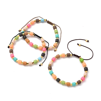 Adjustable Nylon Thread Braided Bead Bracelets, with Polymer Clay Beads and Brass Beads