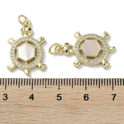 Brass Micro Pave Cubic Zirconia Pendants, Natural Shell Tortoise Charms with Jump Ring, Real 18K Gold Plated