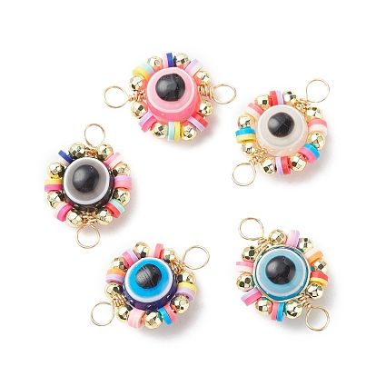 Evil Eye Plastic Copper Wire Wrapped Connector Charms, with Handmade Polymer Clay Beads, Real 18K Gold Plated
