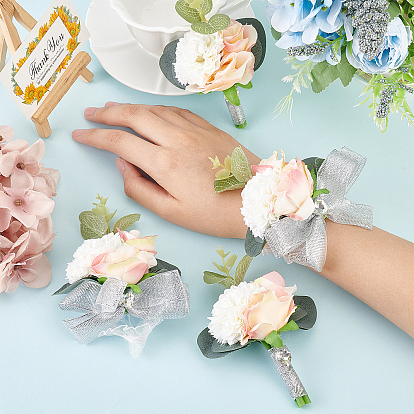 CHGCRAFT 4pcs 2 Style Silk Ribbon Wrist Corsage, with Silk Cloth Artificial Flower Boutonniere, for Wedding, Party Decoration