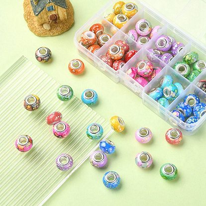 60pcs 10 Colors Opaque Resin European Beads, Imitation Crystal, Two-Tone Large Hole Beads, with Silver Tone Brass Double Cores, Rondelle