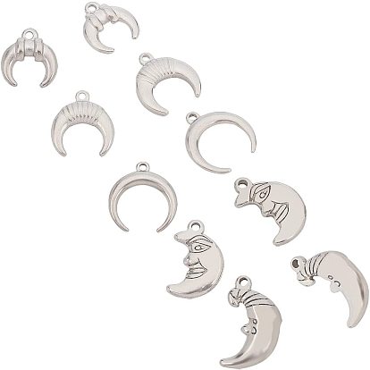 10Pcs 5 Style 304 Stainless Steel Pendants, Moon