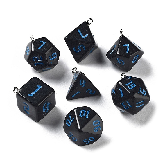 7Pcs 7 Styles Resin Polyhedral Dice Pendants Set, Multi-Sided Dice Charms with Platinum Plated Iron Loops, Mixed Shapes