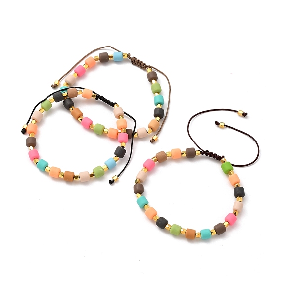 Adjustable Nylon Thread Braided Bead Bracelets, with Polymer Clay Beads and Brass Beads