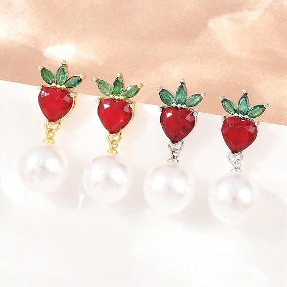 Серьги-гвоздики из клубничной латуни с микропаве из кубического циркония, с абс пластмассовой имитационной жемчужиной, без кадмия и без свинца, долговечный, стойки покрытие