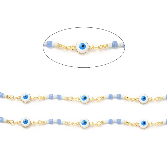 Brass Enamel Flower with Evil Eye Link Chains, with Light Sky Blue Glass Beaded, Soldered, with Spool