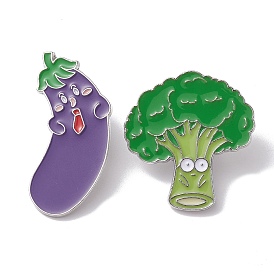 Cartoon Vegetable Eggplant Broccoli Enamel Pins, Platinum Tone Alloy Brooch for Backpack Clothes