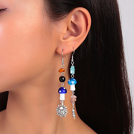 Creative Asymmetrical Bohemian Crystal Gravel Earrings Acrylic Mushroom Pendant Sun Moon Earrings