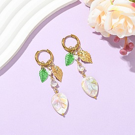 Серьги-подвески в виде листьев из натуральной пресноводной ракушки и стеклянной капли в форме капли., 304 Серьги-кольца с подвеской в виде листа из нержавеющей стали