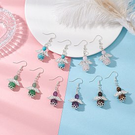 Серьги-подвески в форме ангела из натуральных и синтетических драгоценных камней, с  латунными крючками для серег, серебряные