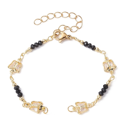 Fabrication de bracelets de chaînes de perles en laiton faites à la main, avec lien papillon en verre & perles à facettes, fermoir, convient aux breloques de connecteur